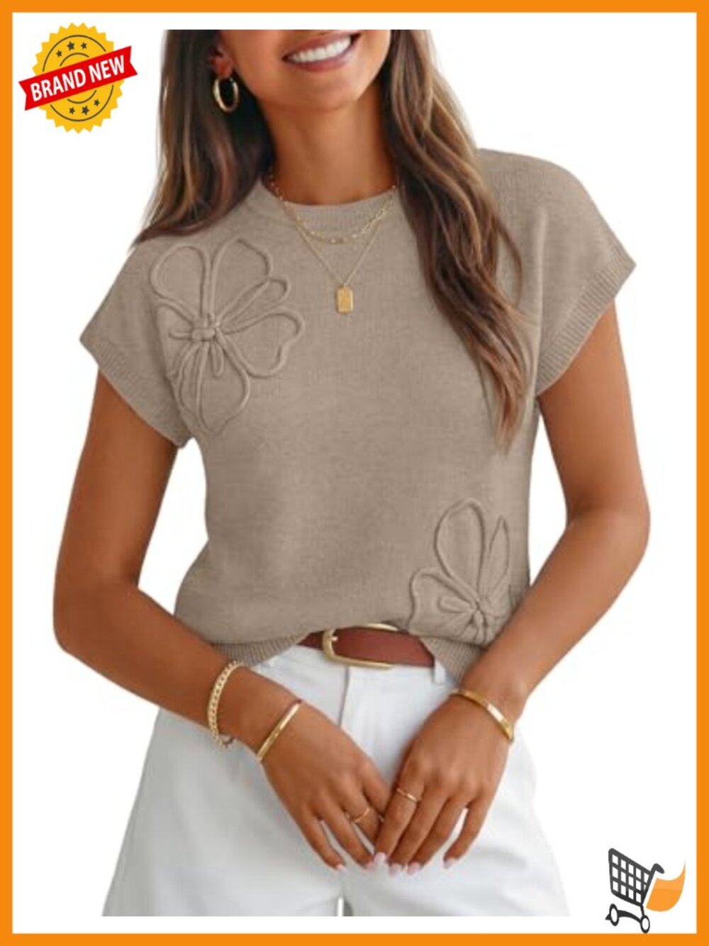 Knitted Short Sleeve Sweater Vest with 3D Floral Textured Detail
